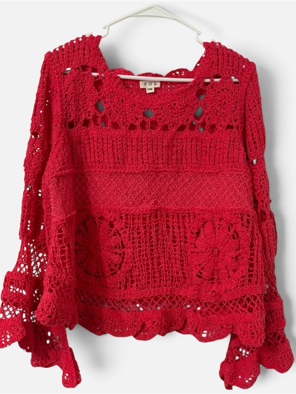 POL Red Crochet Knit Boho Pullover One Size PTP23